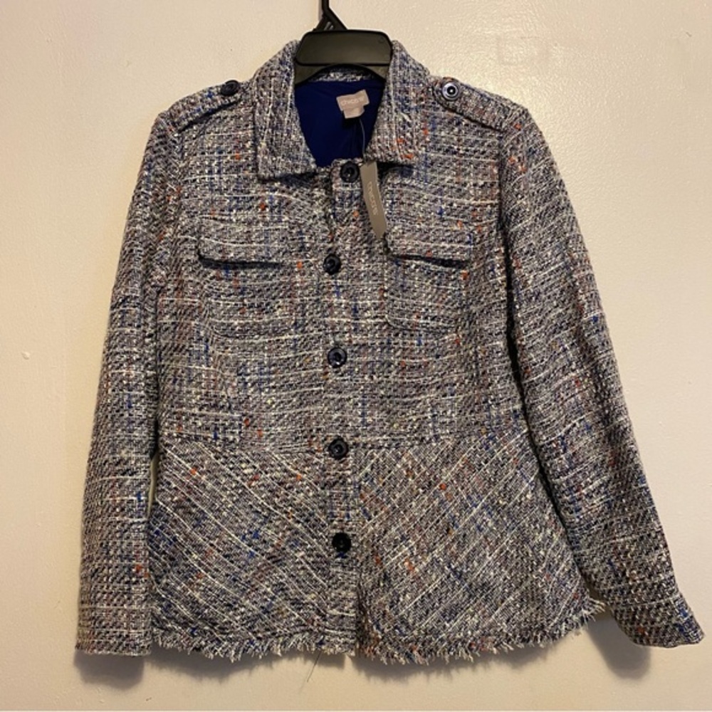 Chico’s Tweed Peplum Jacket  Women’s Size 1 Blue Button Down Medium New‎